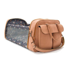 Bizzi Growin Baby Travel Crib Changing Bag - POD® (Vegan Leather - Porcini) - showing the bag extended into the crib with its mesh sides