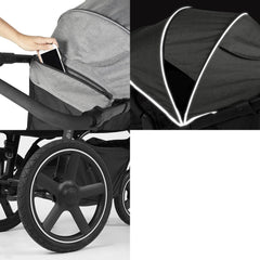 Ickle Bubba Venus Max Jogger Stroller (Space Grey/Black) - showing some of the stroller`s features including a useful pocket in the hood and the reflective strips on the hood and wheels