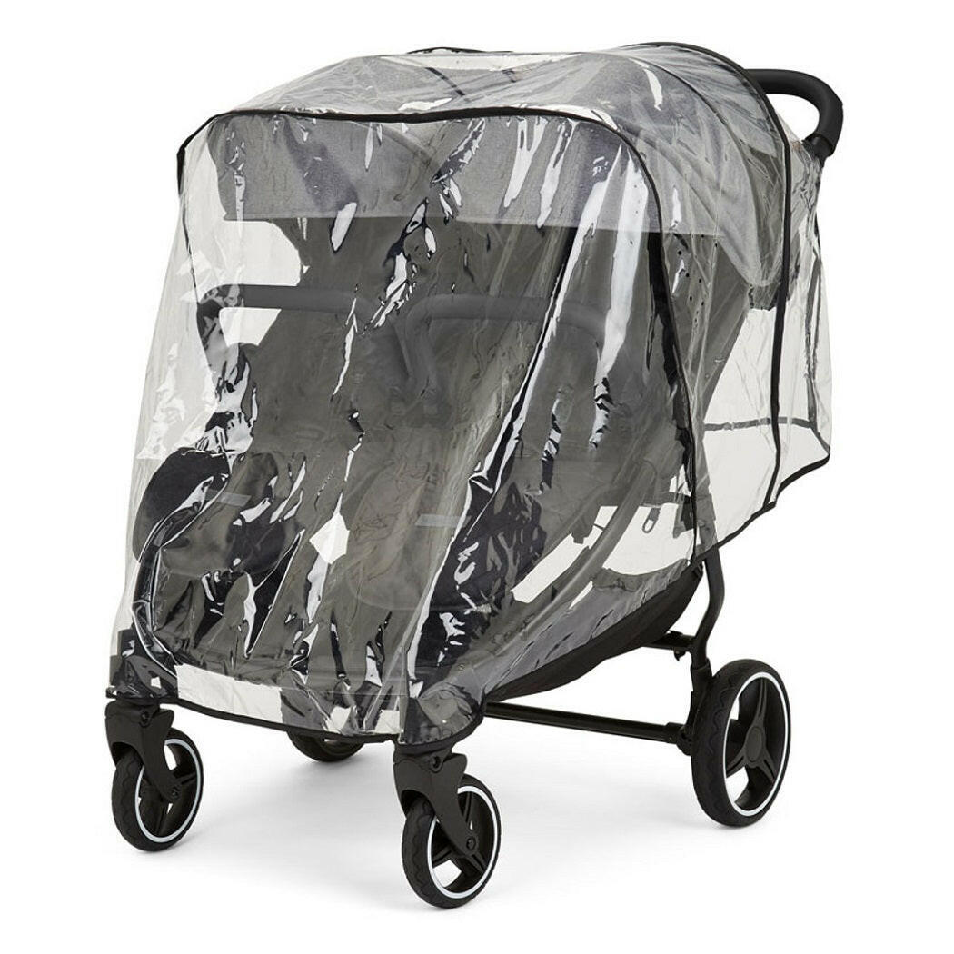 Ickle Bubba VENUS MAX Double Stroller (Black/Space Grey/Black) - showing the stroller wearing its protective rain cover