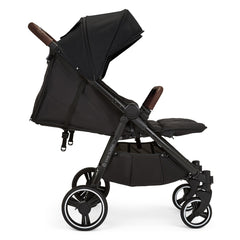 Ickle Bubba VENUS MAX Double Stroller (Black/Black/Tan) - side view, shown here with the seats fully reclined and leg rests raised