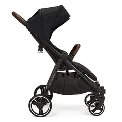 Ickle Bubba VENUS MAX Double Stroller (Black/Black/Tan) - side view, shown here with the seats upright and leg rests lowered