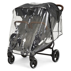 Ickle Bubba VENUS MAX Double Stroller (Black/Black/Tan) - showing the stroller wearing its protective rain cover
