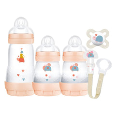 MAM Welcome to the World Set (Peach) - showing the included anti-colic bottles and soother (character designs may vary)