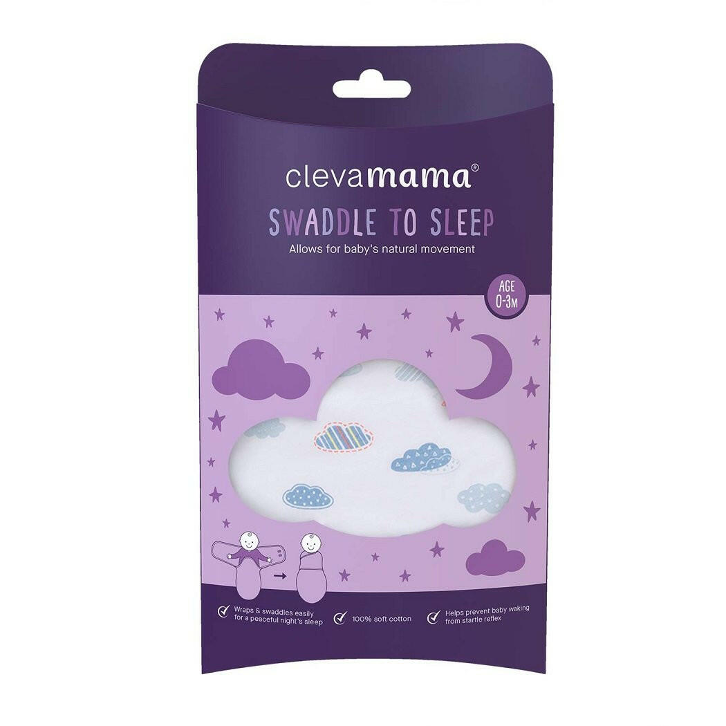 Clevamama Baby Swaddle to Sleep Wrap (Blue Clouds) - shown here in its packaging
