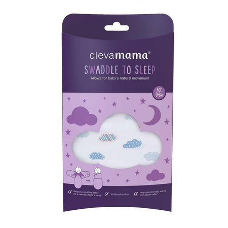 Clevamama Baby Swaddle to Sleep Wrap (Blue Clouds) - shown here in its packaging