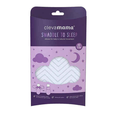 Clevamama Baby Swaddle to Sleep Wrap (White Chevron) - shown here in its packaging