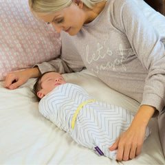 Clevamama Baby Swaddle to Sleep Wrap (White Chevron) - lifestyle image