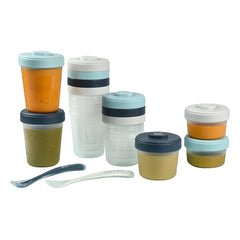 BEABA Baby Food Storage Starter Pack - 12 Clip Containers + 2 Spoons (Storm) - showing the storage pots both empty and filled with food
