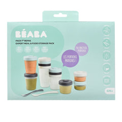 BEABA Baby Food Storage Starter Pack - 12 Clip Containers + 2 Spoons (Storm) - showing the starter pack in its packaging