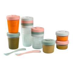 BEABA Baby Food Storage Starter Pack (Eucalyptus) - showing the storage pots both empty and with food