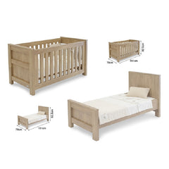 BabyStyle Bordeaux Nursery Furniture Set (Oak) - showing the dimensions of the cot and the junior bed