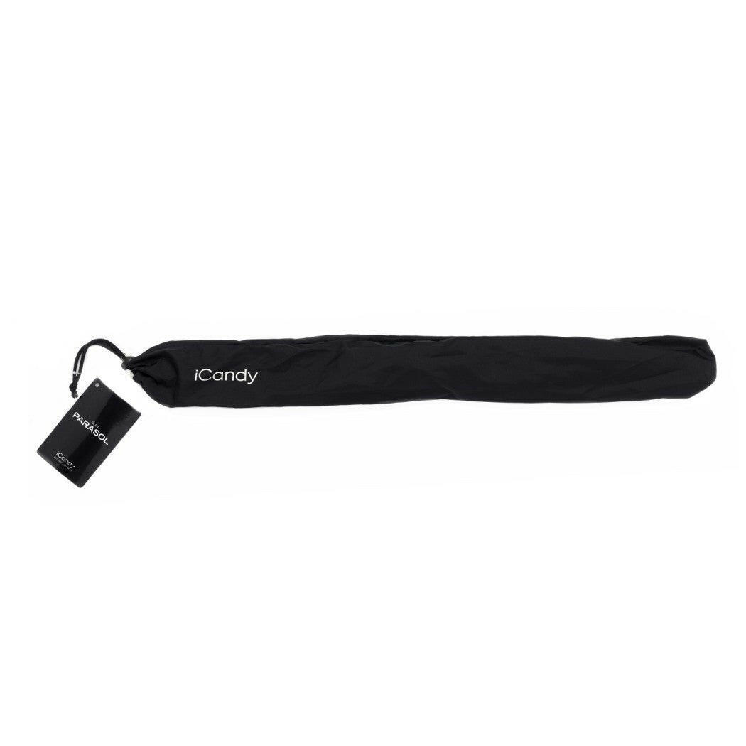 iCandy Universal Sun Parasol (Black) - side view, showing the parasol folded and stored within its carry bag