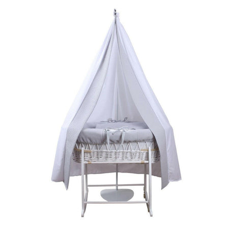 Clair de Lune 6-Piece Waffle Moses Basket Starter Set (Grey/White) - showing grey waffle bedding on white wicker moses basket and stand