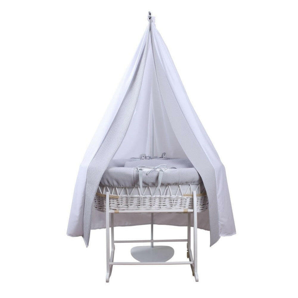Clair de Lune 6-Piece Waffle Moses Basket Starter Set (Grey/White) - showing grey waffle bedding on white wicker moses basket and stand