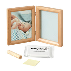 Baby Art My Baby Touch Wooden Frame (Honey) - shown with a photograph and the modelling equipment