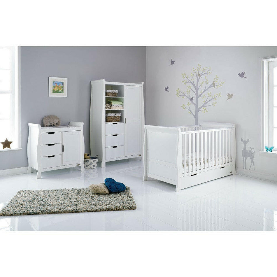 Obaby Stamford Sleigh 3 Piece Room Set (White) - lifestyle image, shown with cot