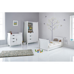 Obaby Stamford Sleigh 3 Piece Room Set (White) - lifestyle image, shown with junior bed