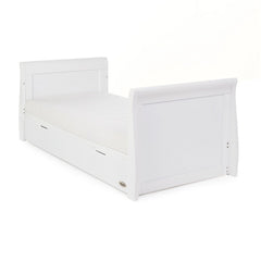 Obaby Stamford Sleigh Cot Bed with Drawer (White) - shown as junior bed with a mattress (not included)