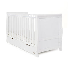 Obaby Stamford Sleigh Cot Bed with Drawer (White) - shown as a cot with a mattress (not included)