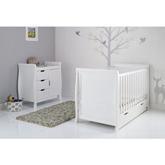 Obaby Stamford Sleigh 2 Piece Room Set (White) - lifestyle image, shown with cot