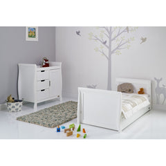 Obaby Stamford Sleigh 2 Piece Room Set (White) - lifestyle image, shown with junior bed