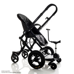 Bumprider Stroller Board (Black) - Sit or Stand - quarter view, shown attached to a pushchair with the seat attachment (pushchair NOT included)