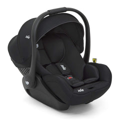 Joie i-Level Group 0+ i-Size Infant Car Seat & ISOFIX Base (Coal) - quarter view, showing the seat with its canopy and handlebar raised