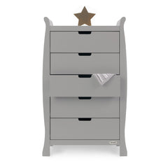 Obaby Stamford Sleigh Tall Chest of Drawers (Warm Grey) - front view, shown with one drawer open (accessories not included)