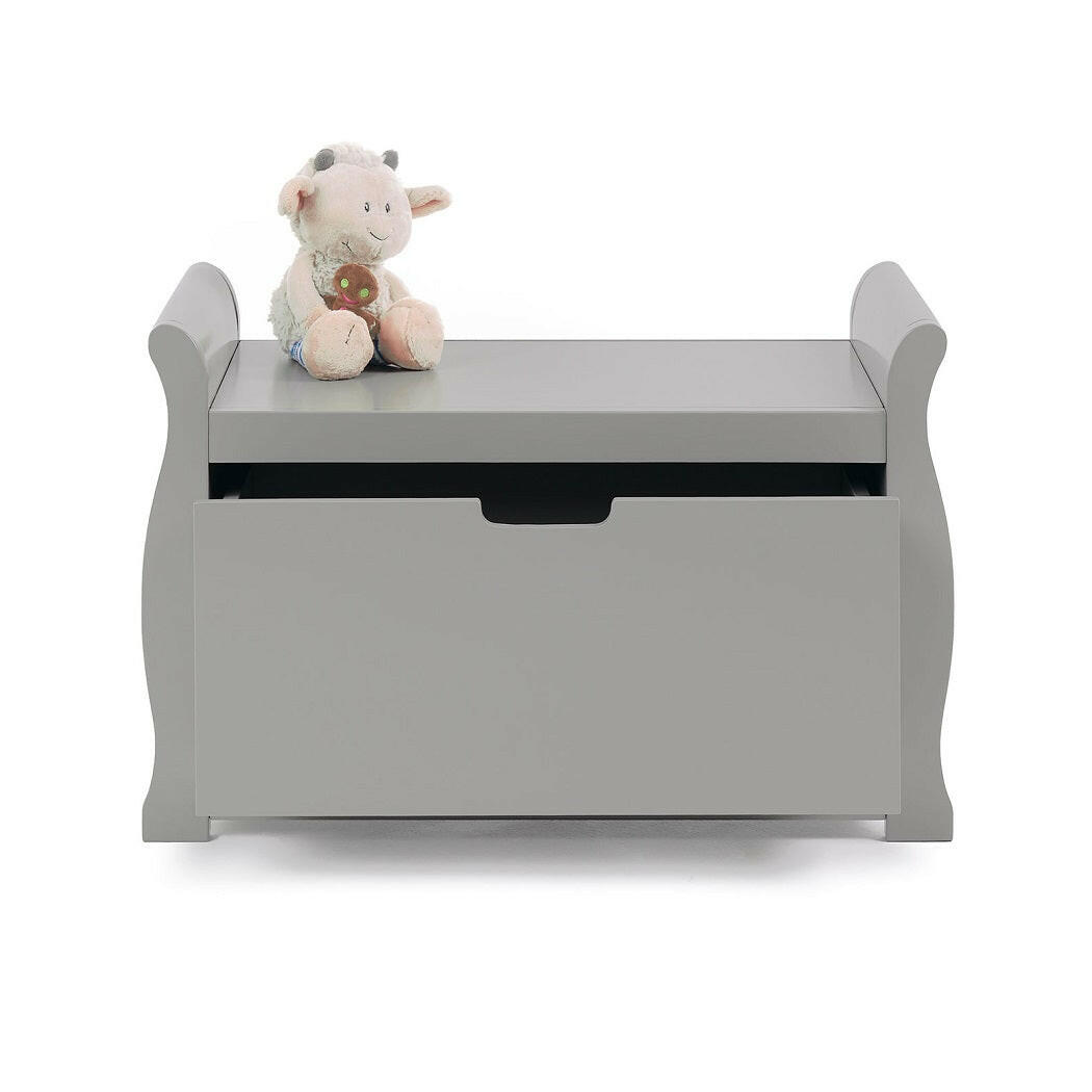 Obaby Stamford Sleigh Toy Box (Warm Grey) - shown here with its drawer slightly open (cuddly toy not included)