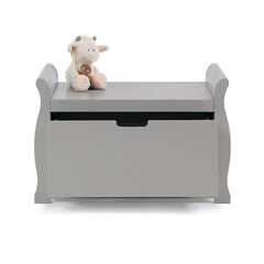Obaby Stamford Sleigh Toy Box (Warm Grey) - shown here with its drawer slightly open (cuddly toy not included)