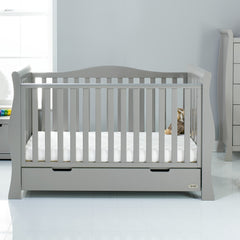 Obaby Stamford Luxe Sleigh Cot Bed with Drawer (Warm Grey) - lifestyle image (mattress and bedding not included, available separately)