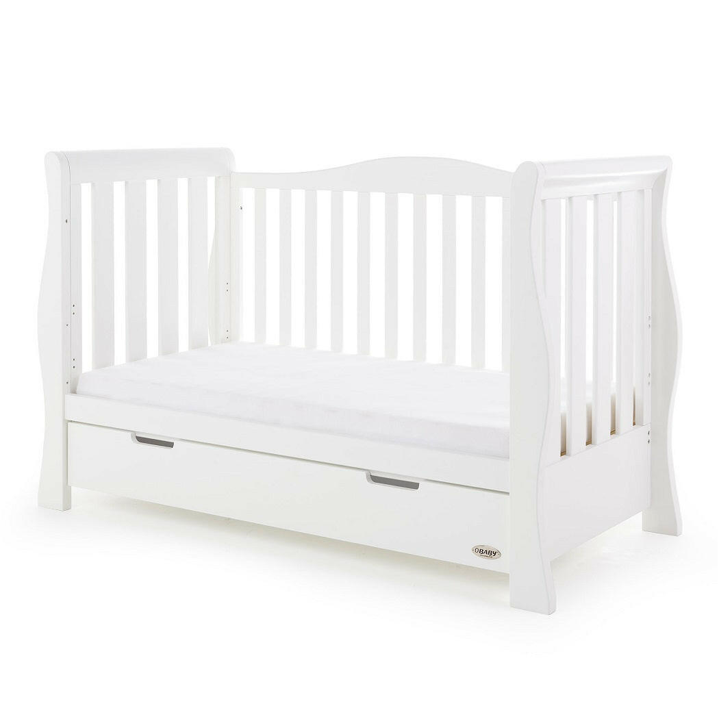 Obaby Stamford Luxe Sleigh Cot Bed with Drawer (White) - quarter view, shown as the sofa/day bed
