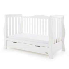 Obaby Stamford Luxe Sleigh Cot Bed with Drawer (White) - quarter view, shown as the sofa/day bed