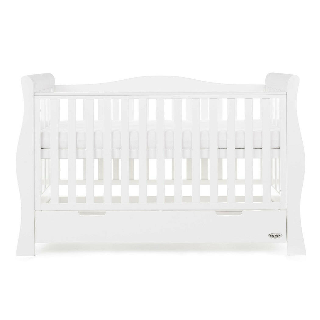 Obaby Stamford Luxe Sleigh Cot Bed with Drawer (White) - front view, shown with the mattress base at its highest level