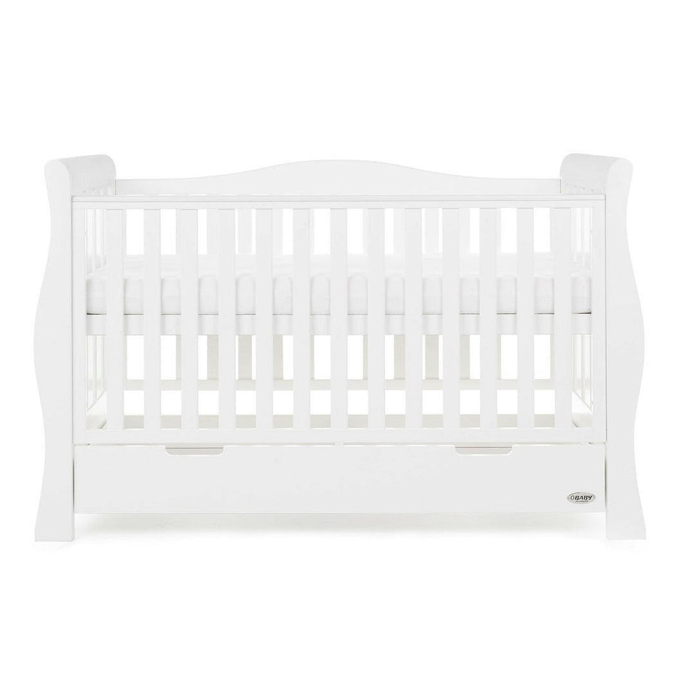 Obaby Stamford Luxe Sleigh Cot Bed with Drawer (White) - front view, shown with the mattress base at its highest level