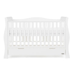 Obaby Stamford Luxe Sleigh Cot Bed with Drawer (White) - front view, shown with the mattress base at its highest level