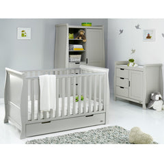 Obaby Stamford Classic Sleigh 2 Piece Room Set (Warm Grey) - lifestyle image, shown here with a wardrobe (not included, available separately)