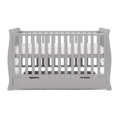 Obaby Stamford Classic Sleigh Cot Bed (Warm Grey) - side view, shown here with the mattress base at its highest level (mattress not included, available separately)