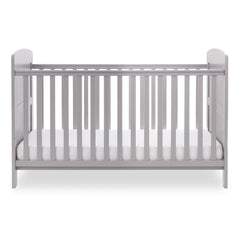 Obaby Grace Cot Bed (Warm Grey) - side view, shown here with mattress base at lowest position (mattress not included)