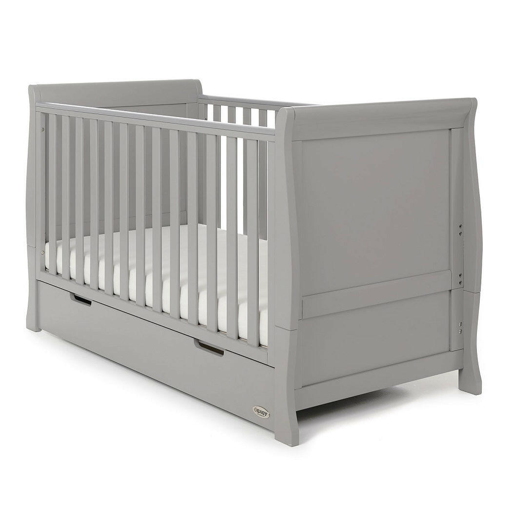 Obaby Stamford Sleigh Cot Bed with Drawer (Warm Grey) - quarter view, shown with the mattress