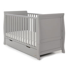 Obaby Stamford Sleigh Cot Bed with Drawer (Warm Grey) - quarter view, shown with the mattress