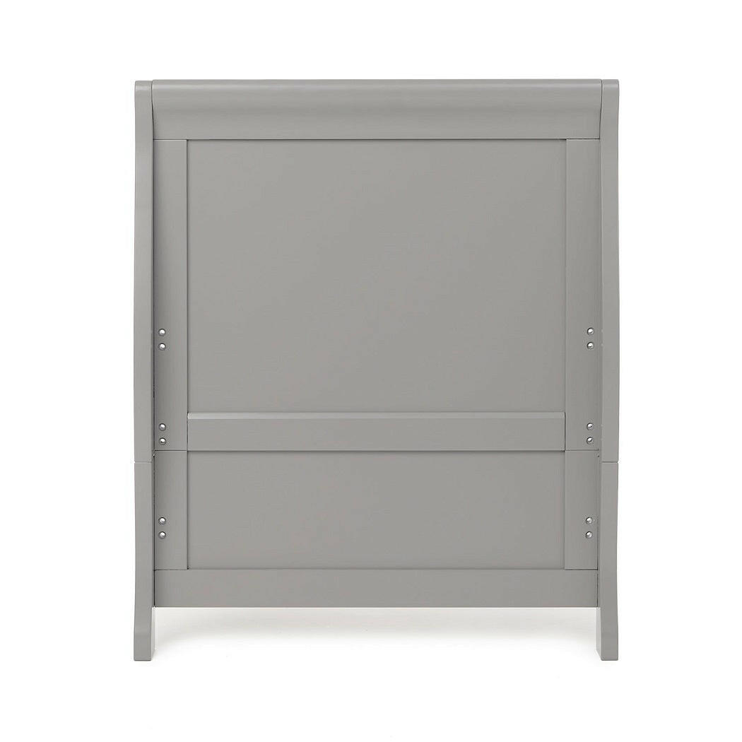 Obaby Stamford Sleigh Cot Bed (Warm Grey) - showing the end panel and the various mattress heights available