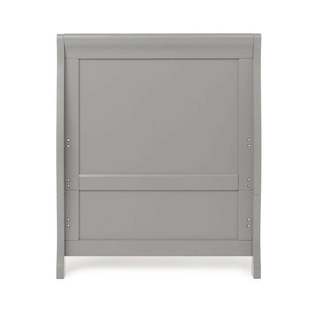 Obaby Stamford Sleigh Cot Bed (Warm Grey) - showing the end panel and the various mattress heights available