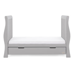 Obaby Stamford Luxe Sleigh Cot Bed (Warm Grey) - side view, shown here as the junior bed