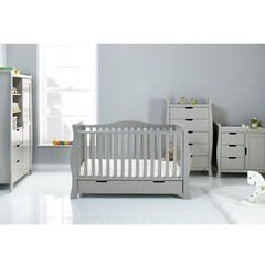 Obaby Stamford Luxe Room Set (Warm Grey) - lifestyle image, shown here with a tall chest of drawers (available separately)