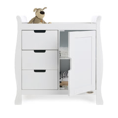 Obaby Stamford Sleigh Changing Unit (White) - front view, showing the internal shelves (toys and bedding not included)