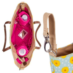 Pink Lining Notting Hill Tote Changing Bag (Sunflowers) - showing the colourful interior pink lining and its internal storage