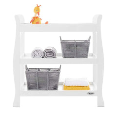 Obaby Stamford Sleigh Open Changing Unit (White) - front view, shown here with toys, bedding and accessories (not included)