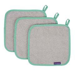 ClevaMama Bamboo Baby Washcloths - Set of 3 (Grey) - shown here flat with their colourful edging