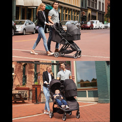 Baby Jogger City Tour 2 - Double (Pitch Black) - lifestyle image, showing how the stroller can be used with either one or two carrycots
